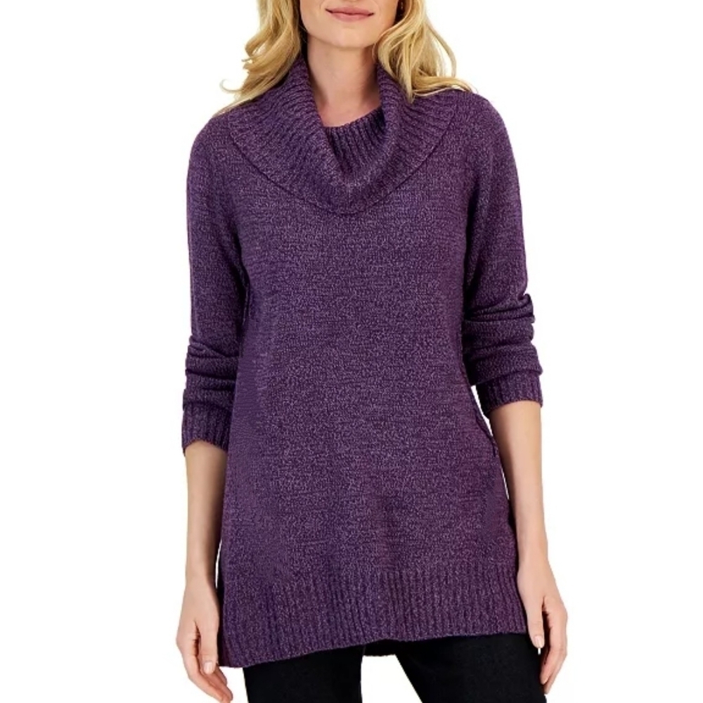 Karen Scott Textured Cowl Neck Long Sleeve Tunic Sweater Dark Purple Plum XS